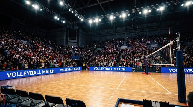 Volleyball match in arena packed stadium and intense sports action
