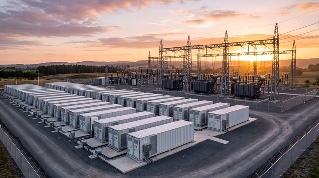 Battery Energy Storage Facility With an Electrical Switchyard of Transformers and Cabling Beside Rows of White Storage Containers Grid Storage Technology
