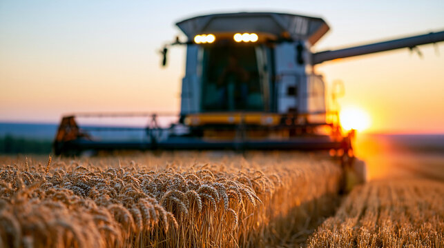 Large combine harvester working in vast golden wheat field at sunset with modern agricultural machinery gathering grain during harvest season, agribusiness concept, agriculture