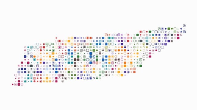 Tennessee animated shape. Pulsating colored dots on the map of the state. Small size rounded square blocks. Digital style Tennessee map on white background. Trending animation video.