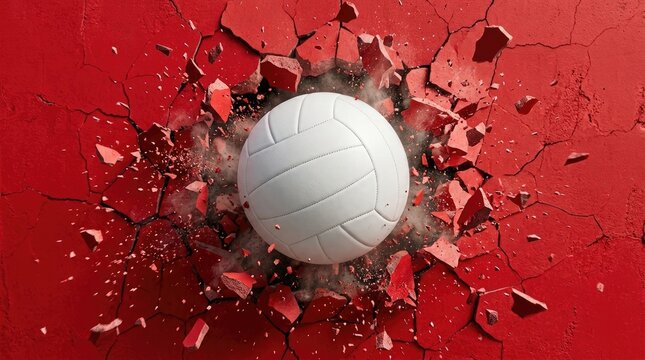 Volleyball breaking through red wall dynamic sports impact illustration