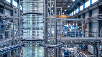 Fototapeta premium Close View of Stacked Thyristor Valve Discs in a Steel Frame Inside an HVDC Converter Hall Showing the Heart of High Voltage Power Electronics Technology