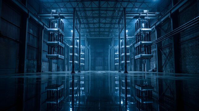 Vast HVDC Converter Hall Interior With Suspended Equipment Reflected on a Polished Wet Floor Receding Into the Distance Power Transmission Technology