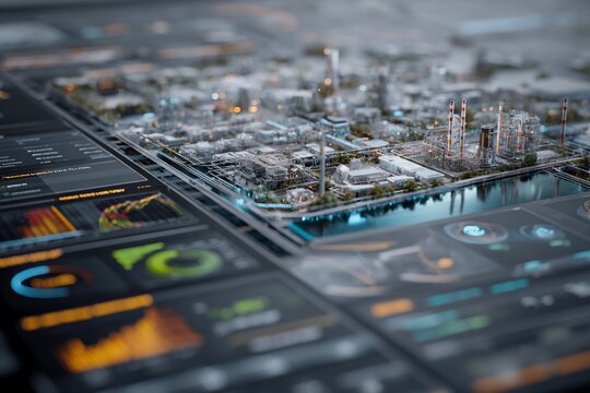 Aerial view of industrial city with digital interface overlay.