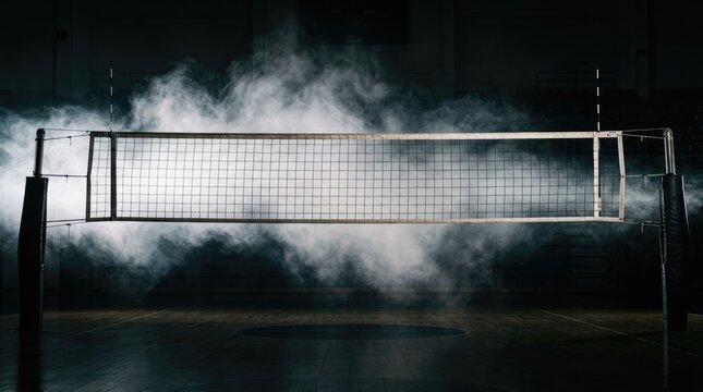 Dramatic volleyball net in dark sports arena with smoke effects