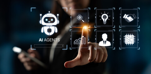 Fototapeta premium AI agents enable collaboration and governance with analytics, security and workflow automation, supporting leadership decisions, customer communication and scalable enterprise productivity. Corpus