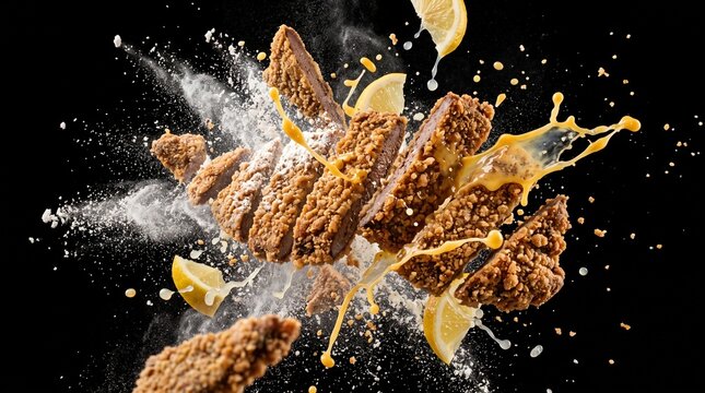 Exploding pecans and walnuts with golden crunch texture in dynamic burst