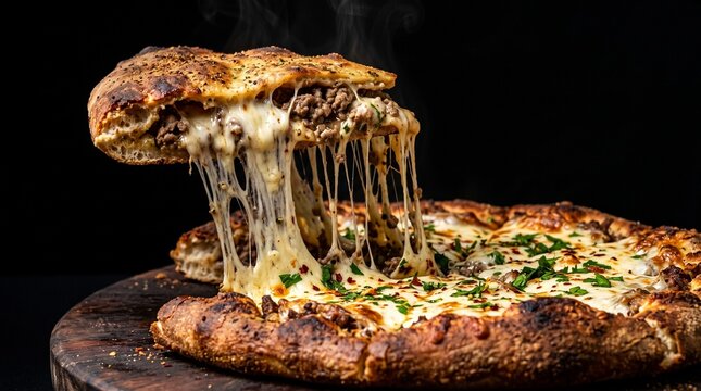 Melted cheese strings dripping from delicious homemade pizza on rustic wooden board