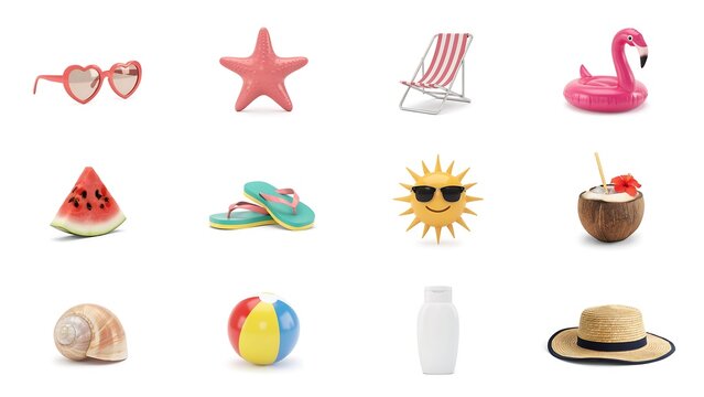 Colorful summer vacation objects and beach toys on white background