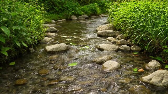 Clear flowing mountain stream water over mossy river stones in a lush green forest landscape creek nature brook rocks