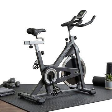 Exercise bike with fitness equipment. Stationary bicycle for indoor workout Mockup on White Background