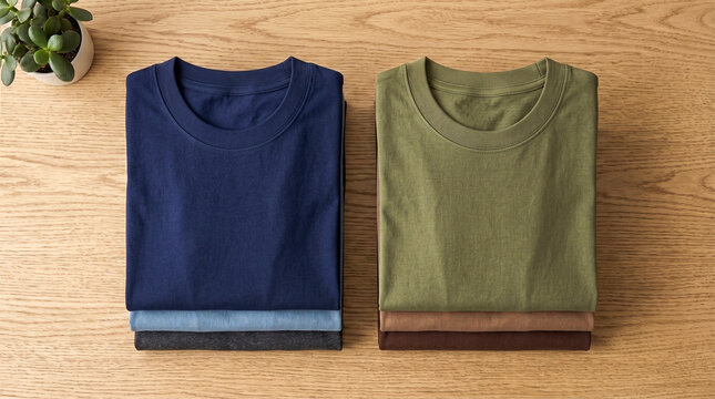 Flat Lay Mockup of Two Folded Blank T-Shirt Stacks on Wooden Table