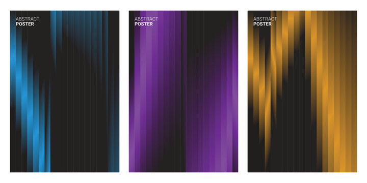 Set of three modern abstract posters with dynamic vertical gradient lines in blue, purple, and orange on a dark background.