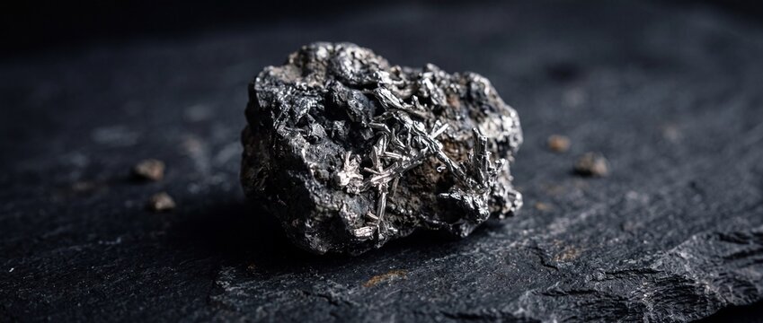 Raw piece of metallic silver mineral ore showing crystallized structures on rough charcoal black dark stone slate background