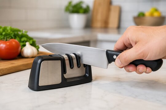 Knife sharpening with professional grade tool on marble countertop