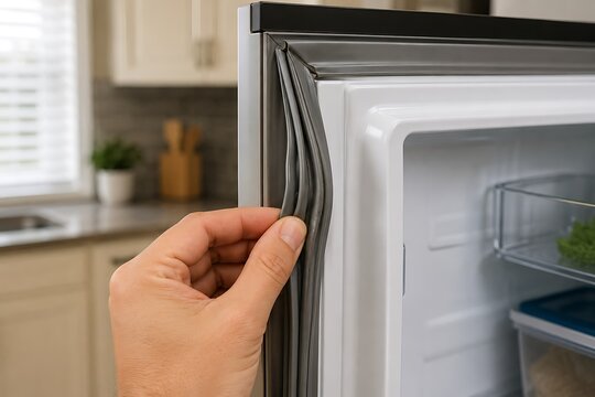 Refrigerator door seal inspection hand checking fridge gasket for damage
