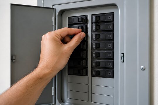 Electrical panel maintenance hand switching circuit breaker in home distribution box