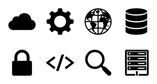 Technology Icons Set: Cloud, Gear, Globe, Database, Lock, Code, Search, Server