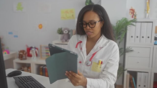 Woman doctor in white coat holds tablet with left hand and gestures with right hand in pediatric clinic with toys and medical files; compassion.