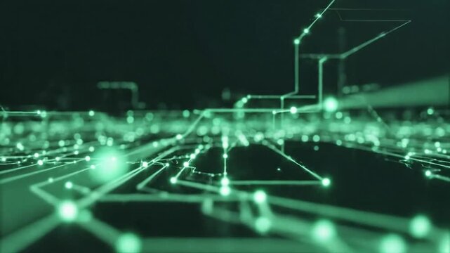 Futuristic Green Digital Circuit Board Matrix with Glowing Connected Data Nodes Background
