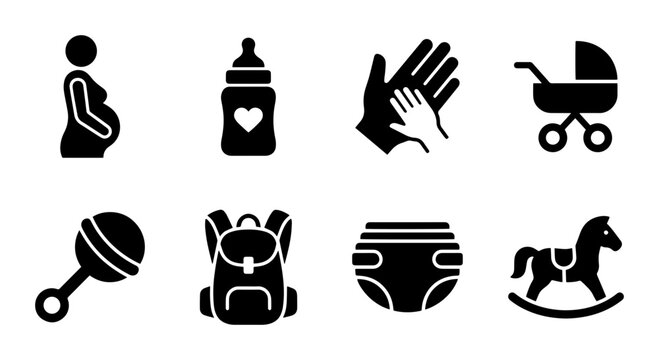 Baby Care Icons Set: Pregnancy, Feeding, Safety, Stroller, Toy, Backpack, Diaper, Rocking Horse