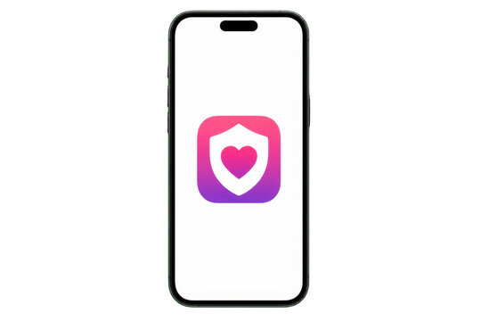 Smartphone displaying heart shield app icon on white screen