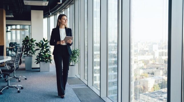Successful female professional in a formal suit walking through a corporate office corridor with a digital tablet, looking at the urban cityscape through large panoramic windows.