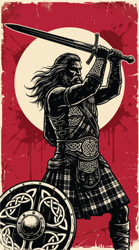 Celtic Warrior Chieftain with Claymore Sword Vintage Engraved Poster Vector Illustration