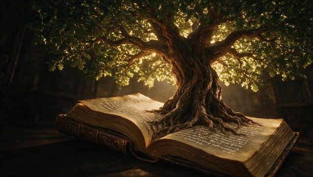 Ancient Oak Tree Growing from Open Book Double Exposure Mystical Knowl