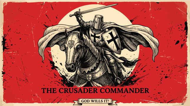 Crusader Cavalry Commander on Armored Warhorse Vintage Historical Poster Vector Illustration