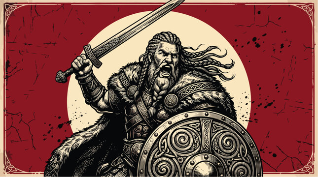 Celtic Warlord with Sword and Shield Vintage Engraved Warrior Poster Vector Illustration