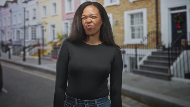 Woman puckers lips with face scrunched and hands at sides on residential street in front of row houses; playful confidence.