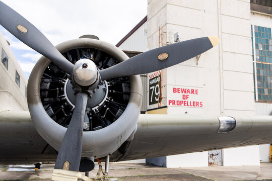Vintage aircraft propeller engine on display at the Pearl Harbor aviation museum, Oahu