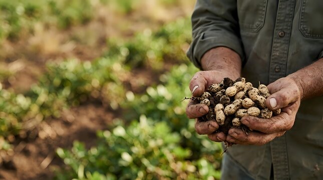 Farmer holding freshly harvested peanuts in hands over field during harvest season for agricultural and farming industry use.