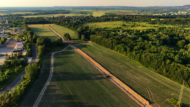 Aerial drone view of green fields, trees and rural roads during golden hour in Poland. Peaceful countryside landscape with natural scenery, agricultural land and warm evening light.
