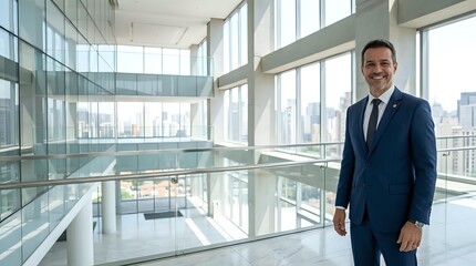 Fototapeta premium Confident male professional in dark business suit standing in modern high-rise office corridor with floor-to-ceiling windows overlooking city skyline, corporate environment.