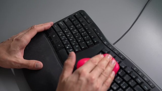 Close-up top view of male hands cleaning dusty black ergonomic computer keyboard with special pink gel cleaner. Man presses sticky slime between keys to remove dirt dust. Office hygiene concept.