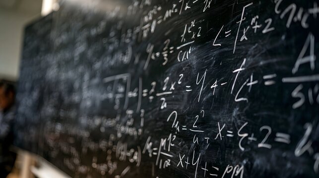 A close up of a chalkboard covered in handwritten mathematical equations and symbols  showing depth of field blur on background
