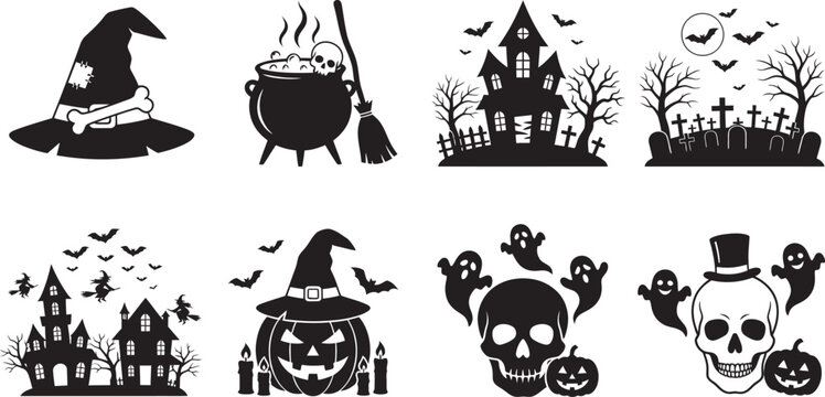 Spooky halloween silhouette collection witch haunted house skulls and pumpkin elements for festive designs