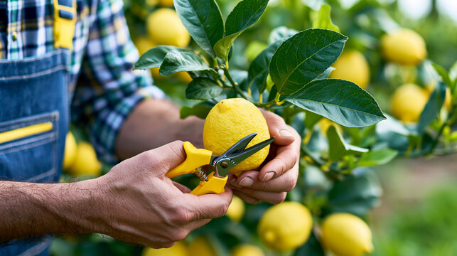 Close-up of faceless farmer hands harvesting lemons in citrus grove with scissors in traditional agriculture, citrus farming concept, fruit harvest photography, blurred orchard