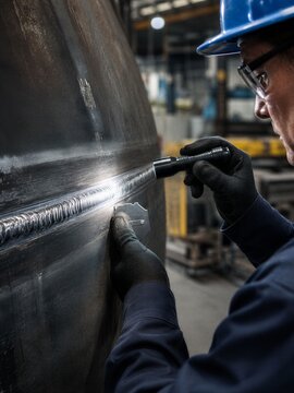 Inspector rechecks a repaired weld with a flashlight and gauge. Final verification, acceptance testing and welding quality assurance concept.