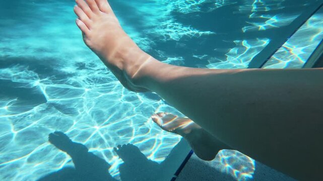 Female legs and feet submerged in turquoise swimming pool water with beautiful caustic light patterns dancing on skin. Relaxing summer vacation scene with clear blue water.