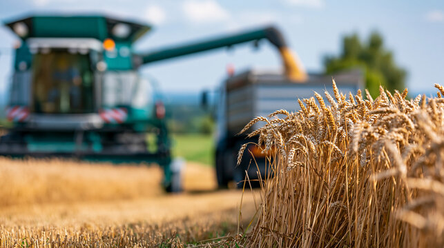 Combine harvesters cutting and threshing ripe wheat grain with unloading auger into truck in summer season representing process of gathering crop by agricultural machinery,
