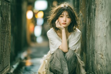 Obraz premium Young woman sitting in narrow urban alley, messy hair, melancholic expression, cinematic lighting
