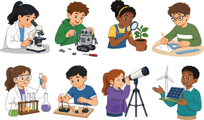 Diverse children engaged in science and technology activities with educational tools and renewable energy concepts vector illustration