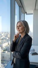 Fototapeta premium Mature woman with gray hair wearing dark blazer standing by high-rise office window overlooking cityscape, contemplative pose for corporate leadership and business professional concepts.
