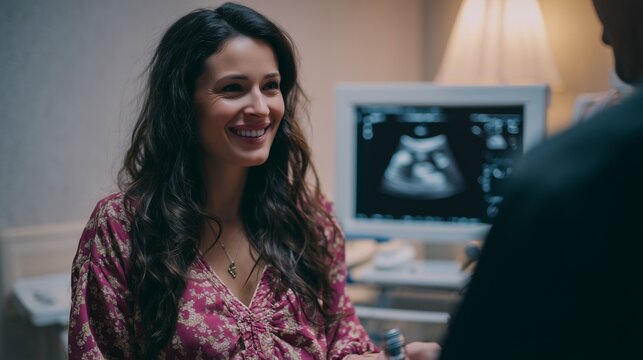 Happy Pregnant Woman During First Prenatal Ultrasound Examination at Modern Clinic