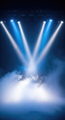 Obraz premium A dramatic empty stage opening featuring vibrant blue and purple spotlights cutting through thick white fog and swirling smoke textures, vivid, mist, empty