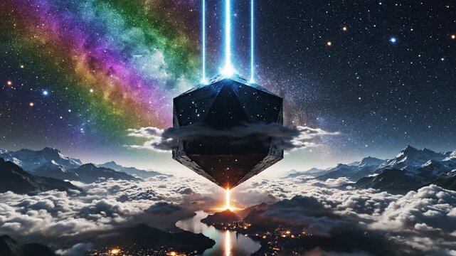 Geometric monolith hovering over clouds against colorful galaxy.
