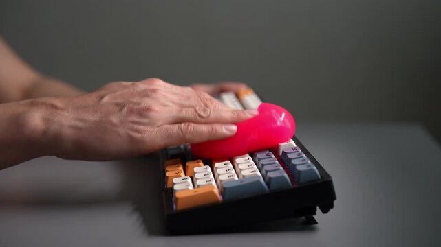 Male hands cleaning colorful custom mechanical keyboard using pink cleaning slime, pressing gel between keycaps to remove dust and maintain electronic device. Shooting in slow motion.